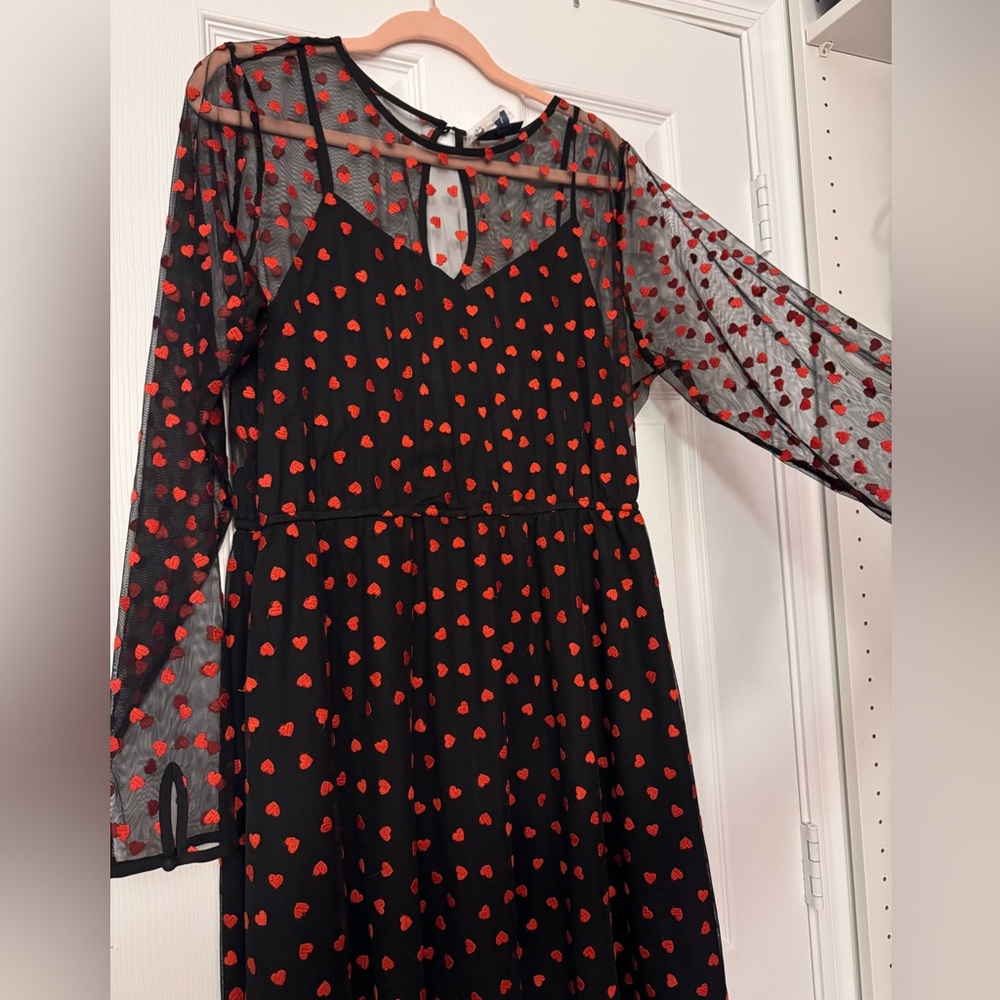 Modcloth Sheer Black Dress with Embroidered Red Hearts